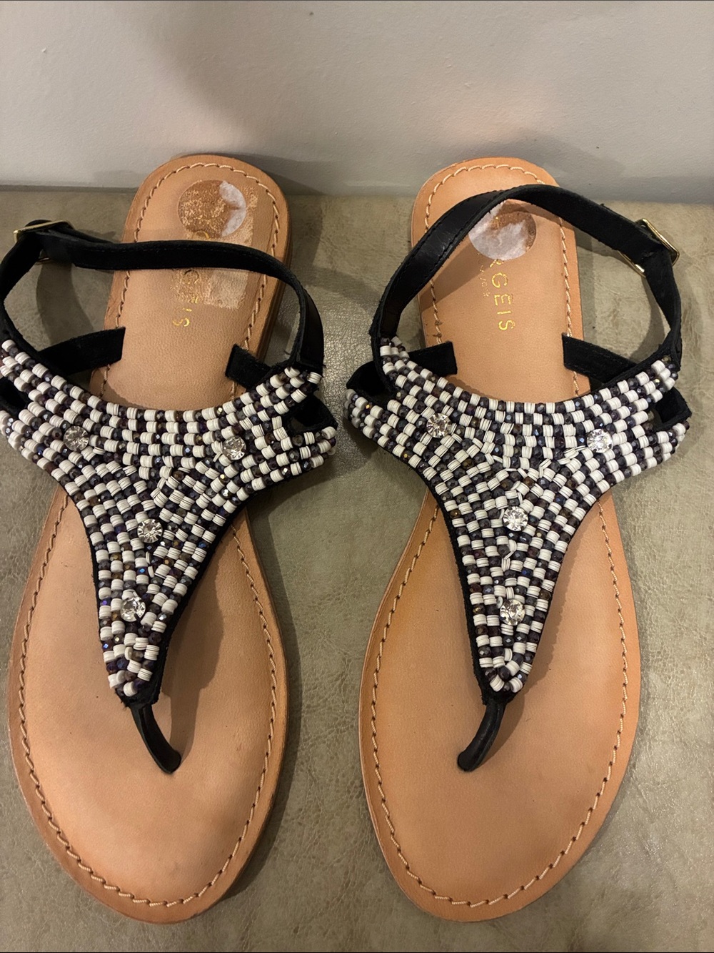 Women's Black & White Beaded T-Strap Sandals